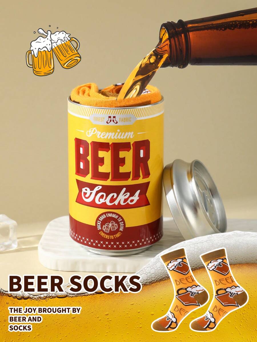 1 Pair New Interesting Multi-Color Beer Can Mid-Calf Socks Gift Box, Spring/Summer Unisex Sports Socks, Imaginative Food-Inspired Creative Design, Knitted Fabric, Long Thick Soft Comfortable, Perfect Gift For Birthday, Valentine's Day, Easter, Festival, Carnival, Dates, Parties, Holidays, Unique Quirky Abstract Daily Casual Wear Socks, Popular Food-Themed Outfit, Suitable For All Seasons, Great Gift For Couples, Friends, Vacation, Outdoor Sports, Gym, Home, Office, Etc.