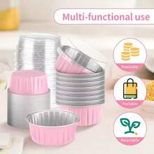 25/50pcs Pudding Cups With Lids - Mini Cake Boxes | Heat-Resistant Baking Cups | Round Foil Molds For Cheesecake And Fruit Cake Party Gifts, Suitable For Oven Home Use, DIY Cake Making Hobbyists Essential, Non-Stick Easy To Clean Mini Cups - Pink-1 - View 3