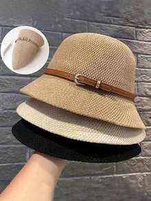 Korean Linen Woven Bucket Hat, Women Summer Japanese Style Versatile Sun Protection Hat - A - View 2
