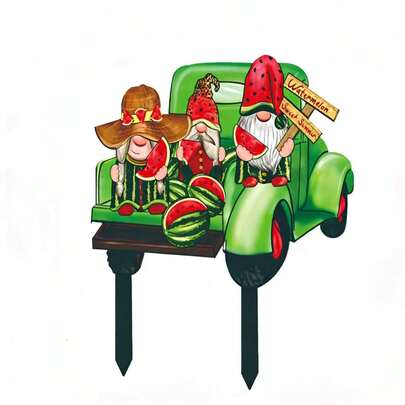 Watermelon Gnome Truck Garden Stake, 2D Acrylic Sweet Summer Yard Decor, Green Truck Gnomes Outdoor Sign, Summer Fruit Lawn Ornament, Patio Decoration