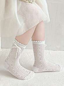3 Pairs Breathable White Lace Bow Girls Socks, Elegant Princess Style, Spring/Summer - Multicolor - View 2