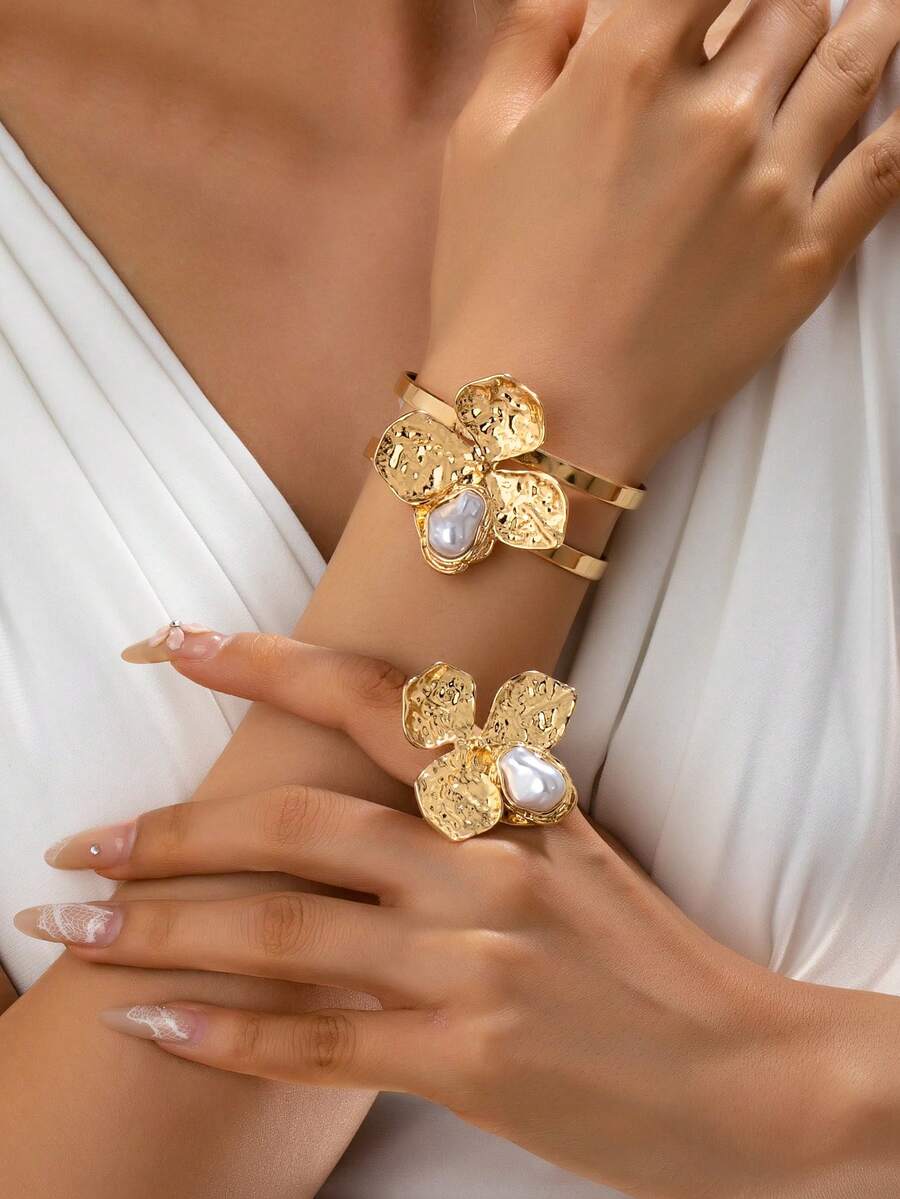 1pc Fashionable Unique Delicate Pearl Inlaid Hollow Floral Open Bangle Bracelet, Suitable For Women's Daily, Party, Vacation Jewelry, Great Gift For Lover, Mother, Friend - Gold - View 1