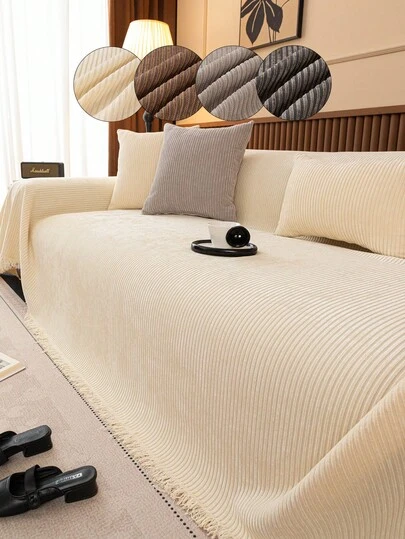 Minimalist Retro Fringed Sofa Cover With Linear Ribbed Design, Mid-Century Modern Couch Protector For Cozy Reading Nooks, Refined Decor Piece For Stylish Urban Living Spaces