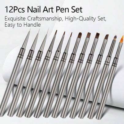 1pc/12pcs Metal Nail Art Liner Brush, Suitable For Long Lines, Fine Details, Delicate Painting And Soft Coloring