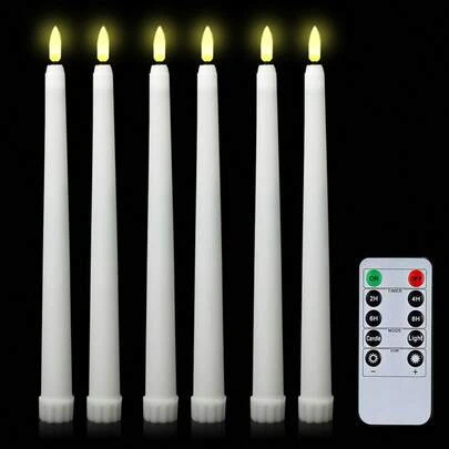 6支装无焰锥形蜡烛，带10键遥控器，电池供电LED暖光3D烛芯蜡烛灯，适用于圣诞节、家居、婚礼装饰