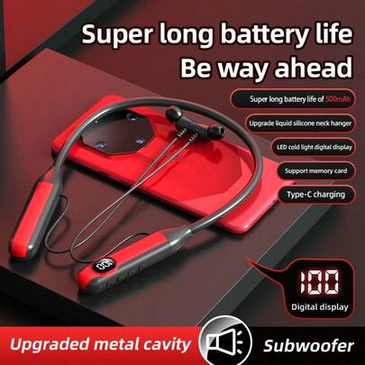 VLDCO 【80小时不间断续航】新款无线蓝牙耳机，户外颈挂式运动耳机，5.3英寸耳机，带充电盒卡插入式数字显示屏按键控制耳塞，HiFi音乐，超长续航