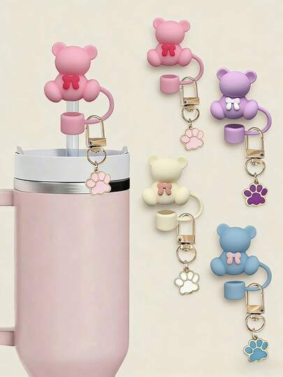 2 piezas Tapa de pajita con diseño de oso y encanto de pata de oso, linda tapa de pajita de silicona con forma de oso, decoración colgante de pata de oso, perfecto para decorar tu botella de agua, haciendo que tu botella sea talla grande vibrante y fácil de identificar, la tapa de pajita de silicona se ajusta a tumblers de 30oz y 40oz, variedad de formas adorables de tapas de pajita