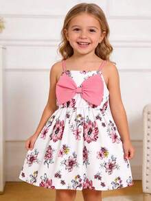 Vestido sin mangas con estampado floral y lazo para niña, estilo princesa adorable, para verano - Rosa - Ver 2