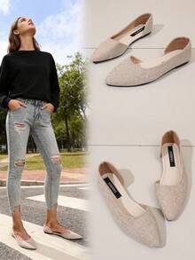 Breezelady Women's Beige Textured D'Orsay Flats – Crafted With A Woven, Linen-Like Textured Upper And A Sleek Pointed Toe, These D'Orsay Flats Feature A Cushioned Insole For All-Day Comfort. The Lightweight, Flexible Design Makes Them Ideal For Office Wear, Brunch Dates, Or Casual Outings. Pair With Tailored Pants, Dresses, Or Skirts For A Polished, Modern Look. - 亞麻 - 查看 4
