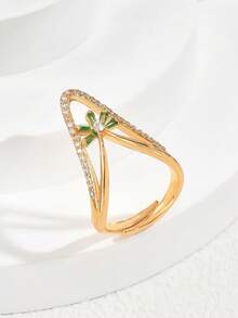 1pc Luxury Niche Style Gold-Plated V-Shaped Micro-Inlaid Colorful Zirconia Ring, Suitable For Women's Daily Commute Wear - Multicolor - View 7
