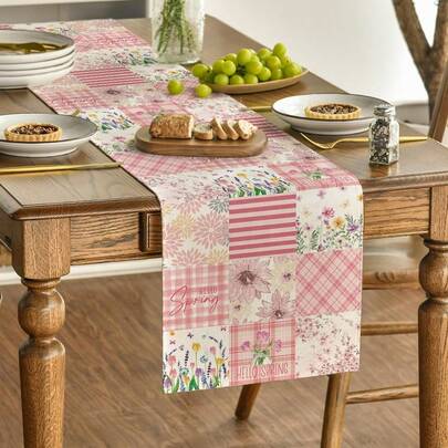 1件粉色郁金香和大丽花“你好春天”图案桌布，现代涤纶长方形，适合夏季厨房餐桌装饰、家居派对装饰。