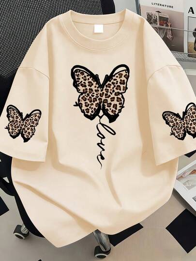 Camiseta de manga corta de verano de moda casual con cuello redondo y estampado de leopardo y mariposa, adecuada para vacaciones de verano, playa, días festivos, primavera, Día de San Valentín, talla grande para mujer