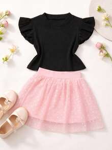 Girls' Outfit Set: Tulle Shorts Skirt With Ruffle And Cropped Top With Ruffled Frills, Pleated, Spring And Summer CJI043 - Baby Pink and Black - View 1