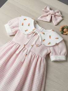 Hortênsia Girl's Dress With Puff Sleeves And Peter Pan Collar, Easter Striped And Checkered Pattern. - Màu Hồng baby - Xem 2
