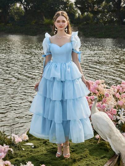 Faeriesty 优雅的欧根纱中长款派对礼服，心形领口，泡泡袖 - 多层荷叶边设计，适合婚礼、舞会、花园派对和正式晚宴等场合。春季