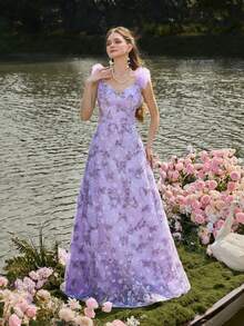 Faeriesty Elegant Layered Ruffle Sleeve Mesh Evening Gown, Velvet Embroidered Pattern - Backless Design Suitable For Met Gala, Bridal Party, Formal Dinner Wedding Spring - Lilac Purple - View 3