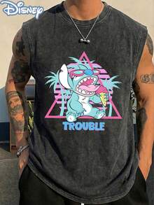 Disney Official Licensed Lilo & Stitch Stitch "Trouble" Vintage Washed 230g Tank Top Unisex - 黑色 - 查看 1