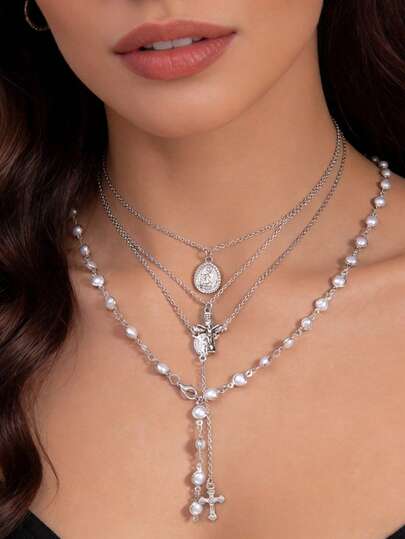 Set de 4 collares con colgante de cruz estilo bohemio, collar con cuentas de perlas de resina, set de collares superpuestos de moda, regalo para el Día de la Madre