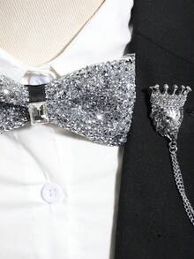 2件套银色水钻领结和皇冠水钻链狮子胸针套装，适合派对、摄影搭配 - 彩色 - 查看 4