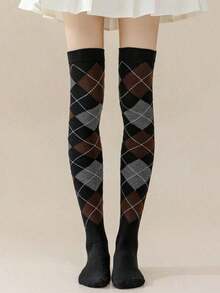 1 Pair Spring Autumn Winter Jk Dance Geometric Patterns Argyle Plaid Knee High Socks Thigh Over The Knee Socks, Y2k, Cozy - 36-39 - 查看 9