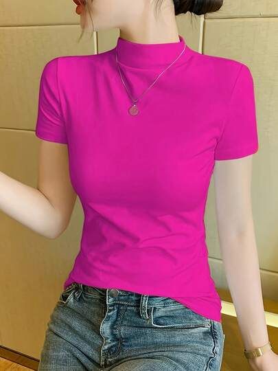 Women's Mock Neck Short Sleeve T-Shirt, Fitted Elegant Casual Tee For Spring And Summer