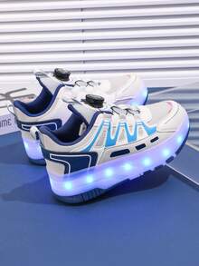 Youth LED Light Up Roller Skate Shoes, Wheels Retractable, All Season LED Lighting Wheels Sneakers, Fashionable Streetwear Style Plaid Skateboard Shoes With Hook And Loop And Rechargeable Lithium Polymer Battery, Outdoor Sports Low-Top Roller Skating Shoes With Breathable PU Upper And Durable TPR Sole - Mint Blue - View 4