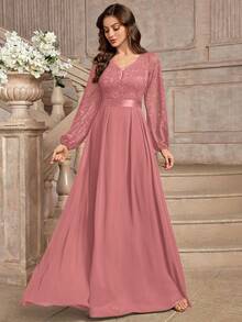 MIUSOL Elegant Floral Lace Deep V-Neck Lantern Sleeve Ruffle Hem Evening Maxi Dress Party Wedding Spring - Dusty Pink - View 7