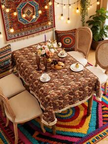 1pc Vintage Floral Jacquard Tablecloth, Rectangular, Bohemian Style, Washable, Suitable For Dining Table, Coffee Table, Bedside Cabinet, Family Kitchen, Dinner Party, Picnic, Holiday Celebration, Outdoor BBQ, Spring/Summer Decor, All Season - Brown Cashew Flower - View 5