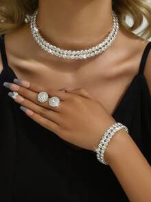 4pcs/Set Double Row Design Bridal Women's Fashionable Sparkling Crystal Necklace Set, Sexy Jewelry Set Suitable For Weddings, Birthday Gifts, Parties. - Silver - View 1