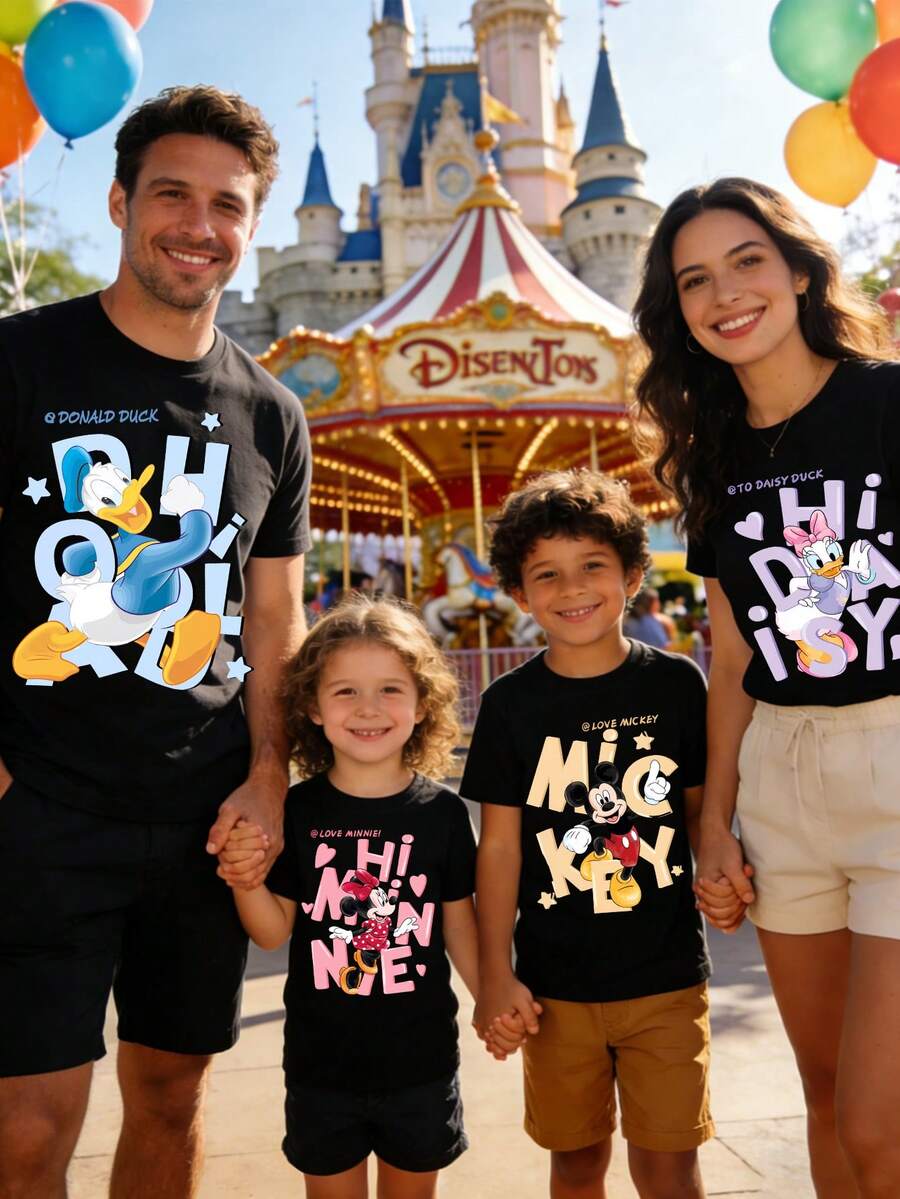 Disney Kids' Clothing - 200g Heavyweight Short Sleeve - Mickey, Minnie, Donald Duck Family Set - Four-Person Family Travel T-Shirt - 男孩黑色 - 查看 1