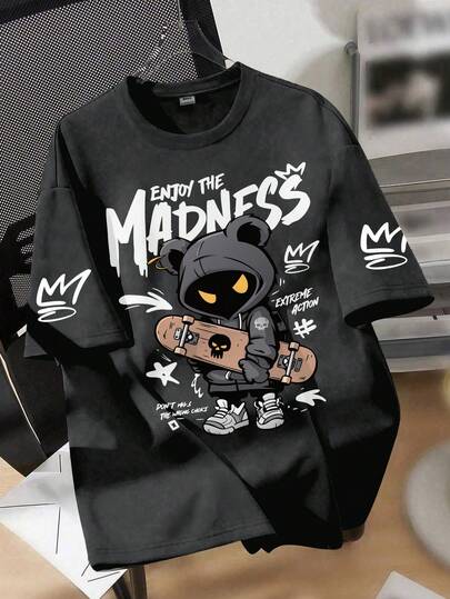 青少年男童街头风超大款T恤，滑板熊和涂鸦印花，宽松短袖上衣，适合街头出行、朋友聚会、日常休闲穿着