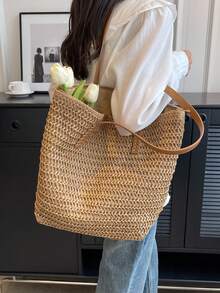 Women's Fashion Large Capacity Woven Shoulder Bag For Beach Vacations - Straw Bag - Khaki - View 7
