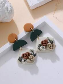 1 Pair Handmade 3D Floral Relief Geometric Patchwork Contrasting Color Retro Countryside Style Earrings, Suitable For Artistic Outfits, Markets, Daily Commute - Multicolor - View 4