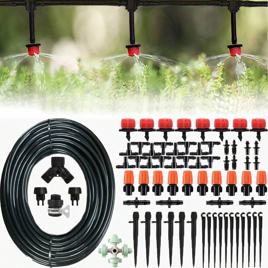 园艺植物浇水喷洒系统，自动灌溉设备套装，包括可调节喷嘴滴灌装置，1/4 英寸滴灌套件，适用于花园、温室和草坪。