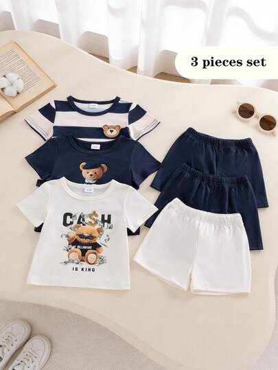 3件套男婴夏季休闲可爱小熊印花蓝米色条纹圆领短袖T恤上衣搭配短裤套装，舒适百搭，适合日常、户外、通勤、度假、街头穿着。