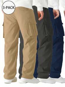 3 piezas Pantalones cargo casuales y ligeros para hombres, pantalones largos de ajuste holgado para exteriores, primavera/verano - Multicolor - Ver 2