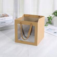 3pcs/6pcs Set Kraft Paper Flower Gift Bags With Ribbon Handles, Bulk Kraft Brown Paper Shopping Bags, Wedding Birthday Party Favor Bags, Square Brown - Multicolor - View 8