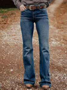 Women's Personalized Back Pocket Embroidery Design Flare Stretch Jeans Casual Spring - Denim Blue Embroidery - View 2