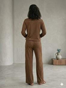 Basic Women's Lanzinha Pants And Blouse Set - Caqui - Ver 2