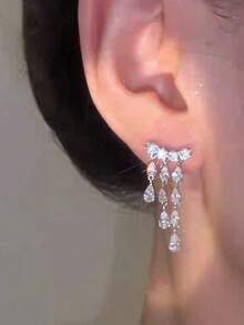 1 Đôi bông tai tua rua hình giọt nước sang trọng, thanh lịch, tinh tế, thích hợp cho tiệc tùng, du lịch, trang sức hàng ngày quyến rũ, quà tặng dành cho phụ nữ - Bạc - Xem 4