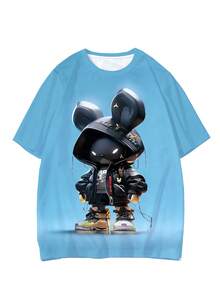 Plus Size Men's Summer 3D Mechanical Rabbit Print Round Neck Short Sleeve Casual T-Shirt - Blue - View 2