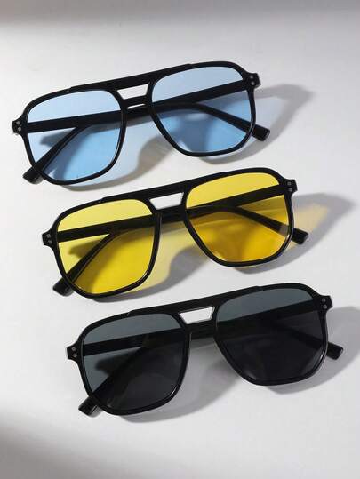 3 piezas Gafas de piloto con doble raya de moda, adecuadas tanto para hombres como para mujeres, incluidos accesorios de playa. Modelo para damas. Estilo sencillo. Adecuado para ropa de mujer de otoño/invierno. Regalo de negocios casual. Atuendo de vacaciones de verano en la playa. Ropa de exterior. Viaje.