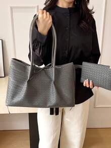 手工编织手提包，大容量，2026新款通勤单肩腋下包，母子包 - 灰色 - 查看 2