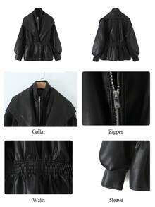 Chaqueta de mujer de piel sintética, chaqueta de motorista ajustada de estilo retro, ropa exterior casual negra - Negro - Ver 6
