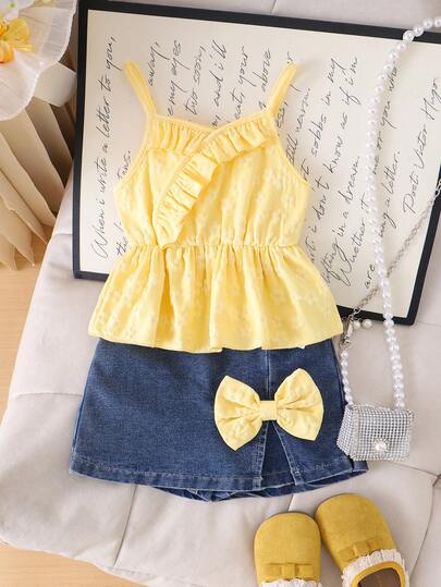 2pcs Baby Girls' Cute 3D Floral Ruffle Trim Sleeveless Vest + Matching 3D Bow Denim Skirt Shorts Set, Summer