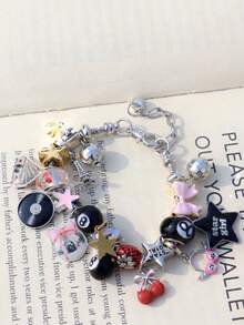 1pc Music Star Girl Charm Bracelet, Black Lucky Bracelet, Disco Ball Music Bracelet, Music Festival Headphone Guitar Bracelet, Retro Bow Bracelet - Silver - View 6