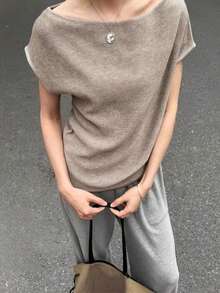 女士简约舒适短袖针织衫，宽松T恤，适合休闲、居家和通勤等多种场合，夏季百搭 - 卡其色 - 查看 6