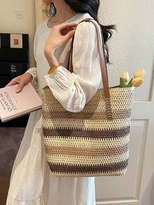 Women's Fashionable Retro Striped Straw Bag, Large Capacity Shoulder Tote Bag, Woven Bag For Summer Beach Vacations. - Khaki - View 10