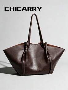 女士纯色大容量手提包，夏季度假包，磁扣开合，优雅可拆卸肩带，复古街头时尚单肩包，扇形外观，个性手提包，适合购物、约会、旅行、商务、办公、露营等场合，可收纳雨伞、水瓶、钱包等。 - 咖啡 - 查看 9