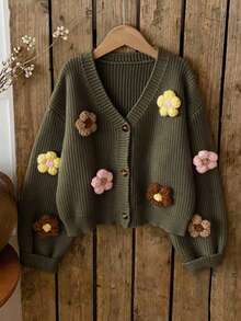 撞色3D立体花卉针织开衫，宽松V领短款青春女式毛衣，马卡龙色3D立体花卉针织开衫，百搭休闲约会上衣 - 橄欖綠 - 查看 1